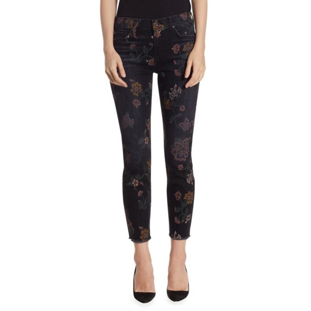 7 FOR ALL MANKIND Black Noir Roxanne Floral Print Raw-Hem Skinny Jeans EUC Sz 26